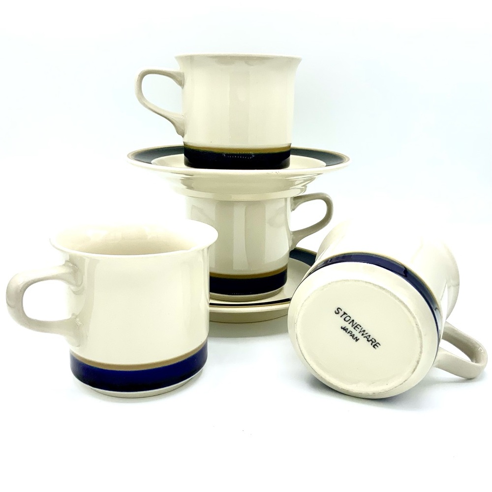 Vintage Stoneware Japan Cup Mug And Saucer Set Of 2 Off White Brown/Blue Striped